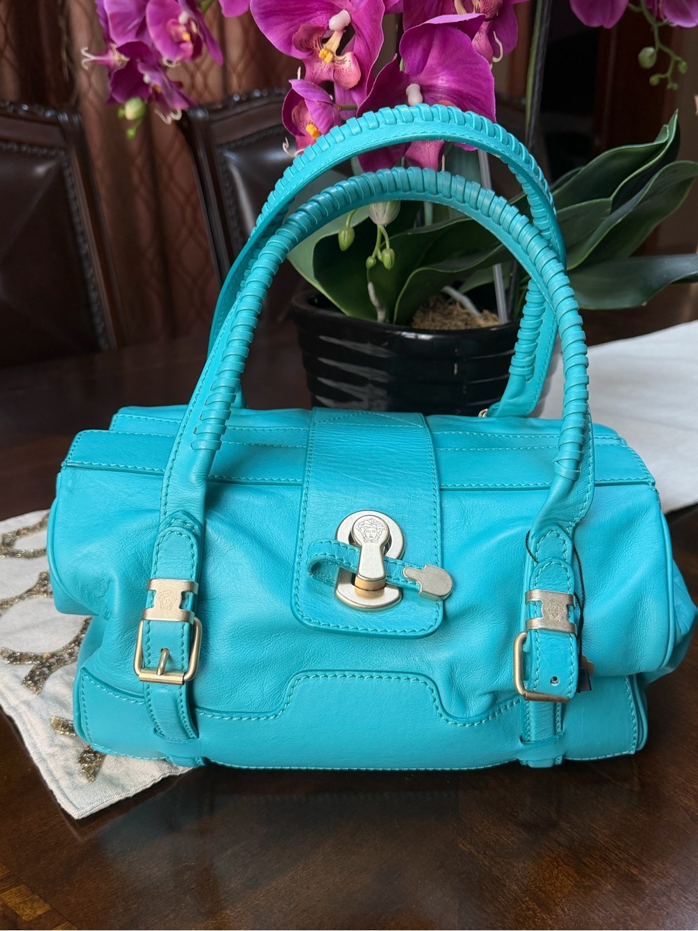 Versace Vintage Turquoise Leather Top-Handle Satchel Handbag